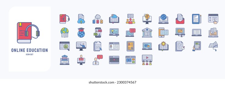 Collection of icons related to Online Education, including icons like Audio Book, Cloud Library, Examination, Graduation and more