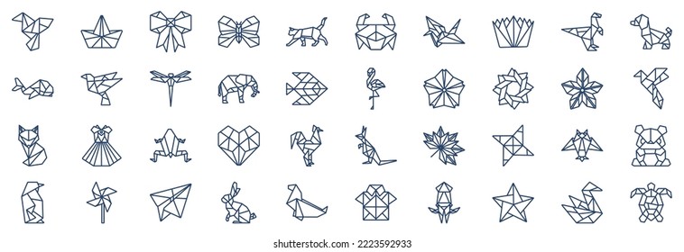 Collection of icons related to Origami, including icons like Bird, Boat, Butterfly, Cat and more. vector illustrations, Pixel Perfect set
