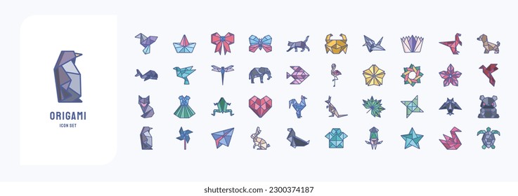 Collection of icons related to Origami, including icons like Bird, Boat, Butterfly, Cat and more