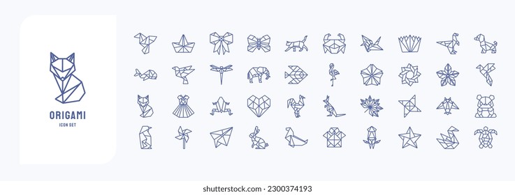 Collection of icons related to Origami, including icons like Bird, Boat, Butterfly, Cat and more