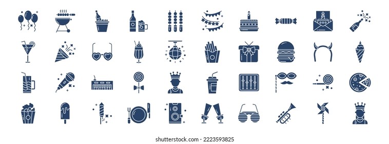 Collection of icons related to Party and New year, including icons like Balloons, Barbecue, Beer box, Bunting and more. vector illustrations, Pixel Perfect set