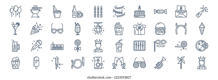 Collection of icons related to Party and New year, including icons like Balloons, Barbecue, Beer box, Bunting and more. vector illustrations, Pixel Perfect set