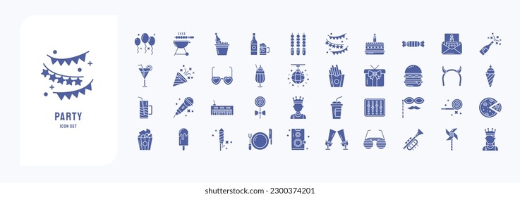 Collection of icons related to Party and New year, including icons like Balloons, Barbecue, Beer box, Bunting and more