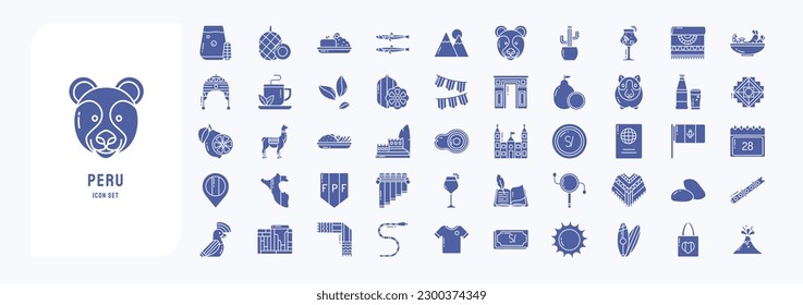 Collection of icons related to Peru, including icons like Anchovy, Bear, Cactus, Cocoa, Guinea Pig and more