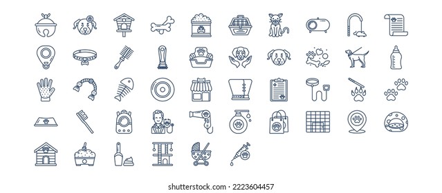 Collection of icons related to Pet care, including icons like Accessories bell, Bird House, Bone, Cat and more. vector illustrations, Pixel Perfect set