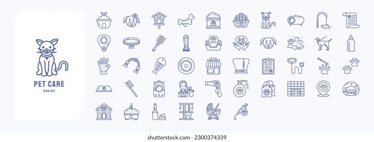 Collection of icons related to Pet care, including icons like Accessories bell, Bird House, Bone, Cat and more