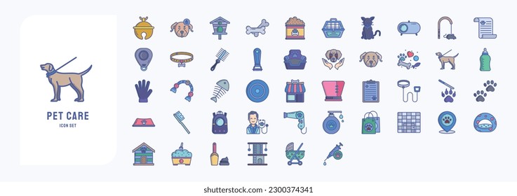 Collection of icons related to Pet care, including icons like Accessories bell, Bird House, Bone, Cat and more