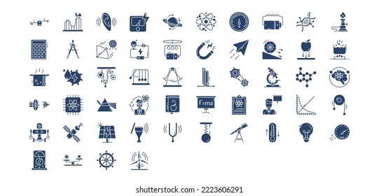 Collection of icons related to Physics and science, including icons like atom, Ammeter, Burner, Gravity and more. vector illustrations, Pixel Perfect set