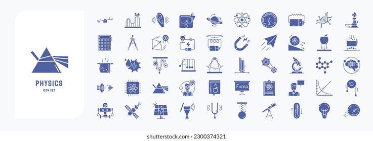 Collection of icons related to Physics and science, including icons like atom, Ammeter, Burner, Gravity and more