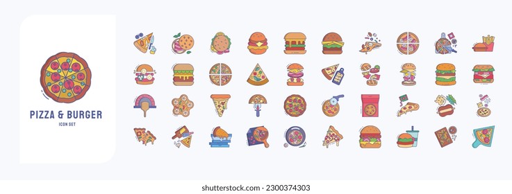 Collection of icons related to Pizza and Burger, including icons like Pizza, fries, burger, Monos and more