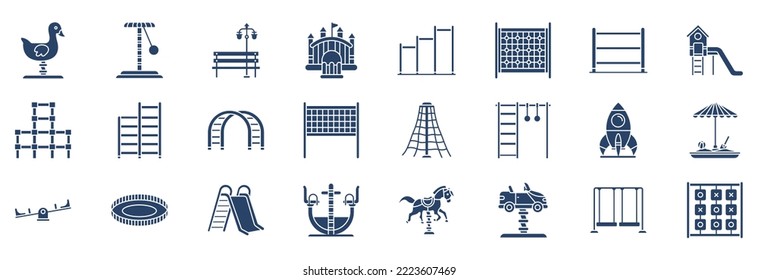 Collection of icons related to Playground, including icons like Ball Pool, Chin Up bar, Jumping Bar, Rings, See saw and more. vector illustrations, Pixel Perfect set
