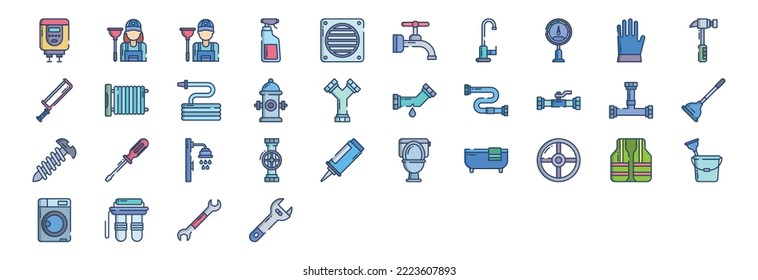 Colección de iconos relacionados con Plumber, incluyendo íconos como Caldera, Limpiador, Faucet, Drenaje y más. ilustraciones vectoriales, conjunto Pixel Perfect
