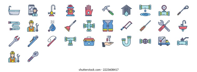 Collection of icons related to Plumbing, including icons like Customer, Fire Hydrant, water, Meter and more. vector illustrations, Pixel Perfect set - Shutterstock ID 2223608417