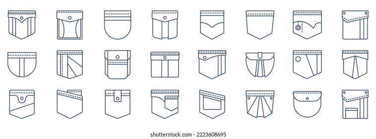 Collection of icons related to Pockets, including icons like Cloth, design, jeans and more. vector illustrations, Pixel Perfect set