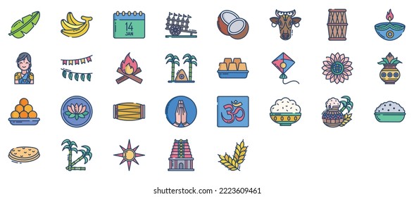 
Collection of icons related to Pongal, including icons like Cow, Diya, Kite and more. vector illustrations, Pixel Perfect set
