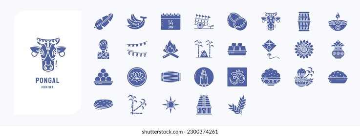 Collection of icons related to Pongal, including icons like Cow, Diya, Kite and more