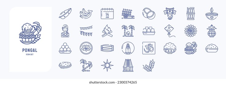 Collection of icons related to Pongal, including icons like Cow, Diya, Kite and more