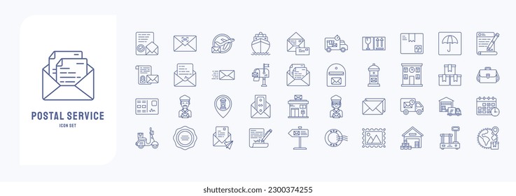 Collection of icons related to Postal Service, including icons like Assurance, Barcode, Cargo boat, Envelop and more