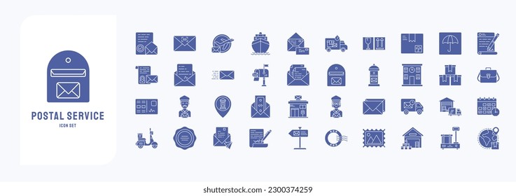 Collection of icons related to Postal Service, including icons like Assurance, Barcode, Cargo boat, Envelop and more