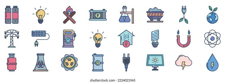 Collection of icons related to Power and Energy, including icons like Battery, Bulb, electric power, Ecology and more. vector illustrations, Pixel Perfect set
