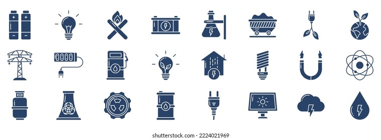 Collection of icons related to Power and Energy, including icons like Battery, Bulb, electric power, Ecology and more. vector illustrations, Pixel Perfect set
