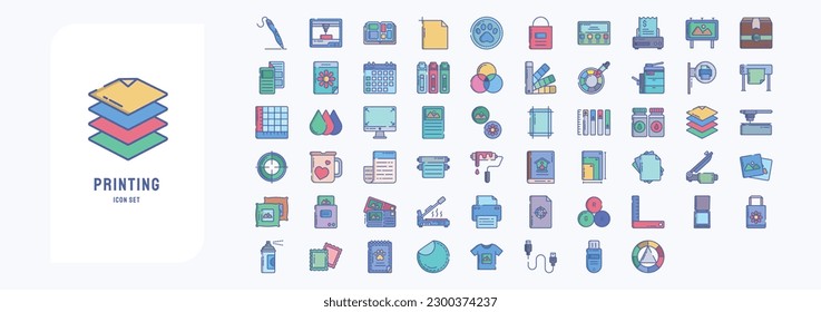 Collection of icons related to Printing and binding, including icons like Art board, 3d Printer, Badges, Banner and more