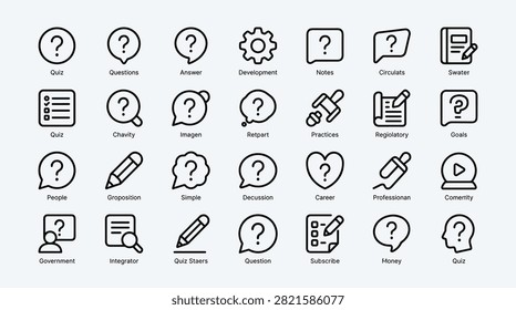 Collection of icons related to quizzes, learning, and communication, including question marks, answers, notes, development, practices, goals, people, career, government, and money. Represents education, feedback, and interaction.