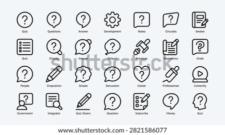 Collection of icons related to quizzes, learning, and communication, including question marks, answers, notes, development, practices, goals, people, career, government, and money. Represents education, feedback, and interaction.