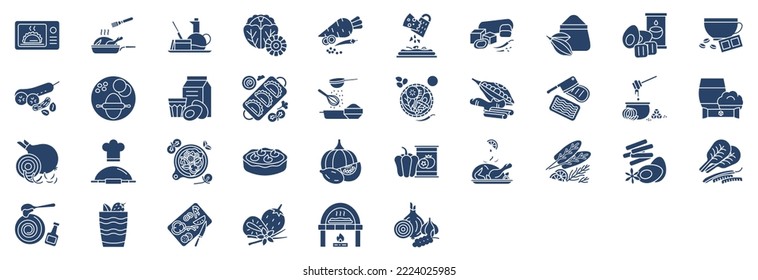 Collection of icons related to Recipes and ingredients, including icons like Baking, coffee, pumpkin pie, Pizza and more. vector illustrations, Pixel Perfect set
