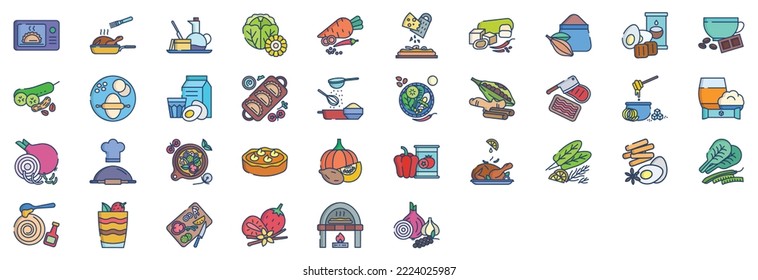 Collection of icons related to Recipes and ingredients, including icons like Baking, coffee, pumpkin pie, Pizza and more. vector illustrations, Pixel Perfect set
