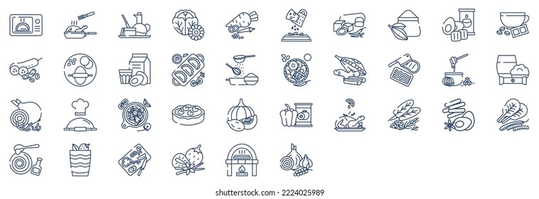 Collection of icons related to Recipes and ingredients, including icons like Baking, coffee, pumpkin pie, Pizza and more. vector illustrations, Pixel Perfect set
