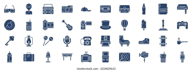 Collection of icons related to Retro objects, including icons like Alien, boombox, camera, Cassette, Donut and more. vector illustrations, Pixel Perfect set