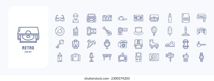 Collection of icons related to Retro objects, including icons like Alien, boombox, camera, Cassette, Donut and more