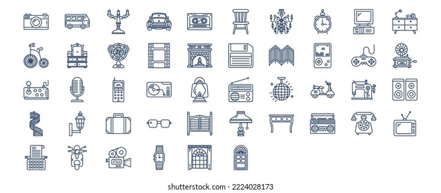 Collection of icons related to Retro style 80c objects, including icons like Camara, Camper van, Car, Clock and more. vector illustrations, Pixel Perfect set
