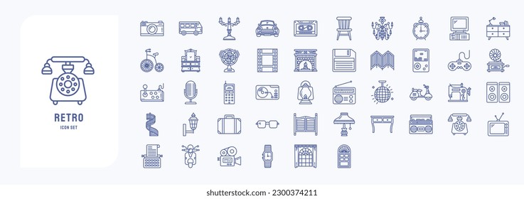 Collection of icons related to Retro style 80c objects, including icons like Camara, Camper van, Car, Clock and more