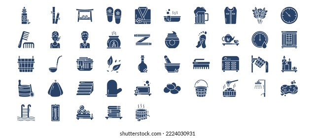 Collection of icons related to Sauna and spa, including icons like Bamboo, Bath Bench, Bathrobe, Bathtub and more. vector illustrations, Pixel Perfect set
