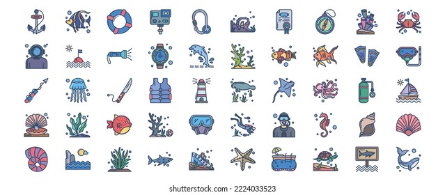 
Collection of icons related to Sea Life, including icons like Anchor, fish, Coral, Diving Helmet, Dolphin and more. vector illustrations, Pixel Perfect set
