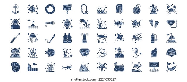 
Collection of icons related to Sea Life, including icons like Anchor, fish, Coral, Diving Helmet, Dolphin and more. vector illustrations, Pixel Perfect set
