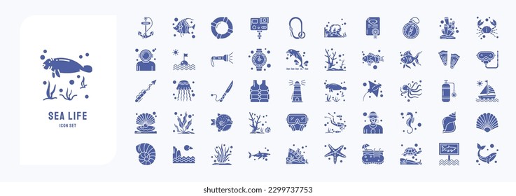 Collection of icons related to Sea Life, including icons like Anchor, fish, Coral, Diving Helmet, Dolphin and more