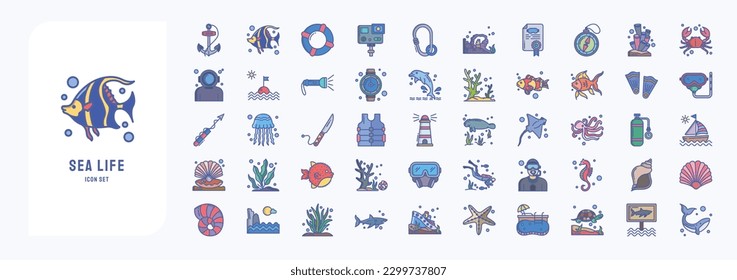 Collection of icons related to Sea Life, including icons like Anchor, fish, Coral, Diving Helmet, Dolphin and more
