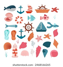 Collection of icons related to Sea Life, including icons like Anchor, fish, Coral, Diving Helmet, Dolphin and more