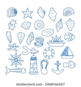 Collection of icons related to Sea Life, including icons like Anchor, fish, Coral, Diving Helmet, Dolphin and more