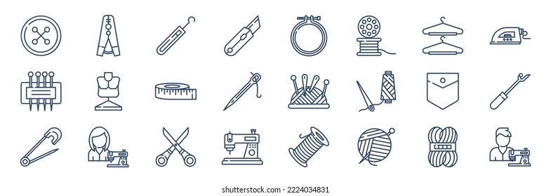 


Collection of icons related to Sewing, including icons like Button, Cloths pin, Crochet, Embroidery hoop and more. vector illustrations, Pixel Perfect set