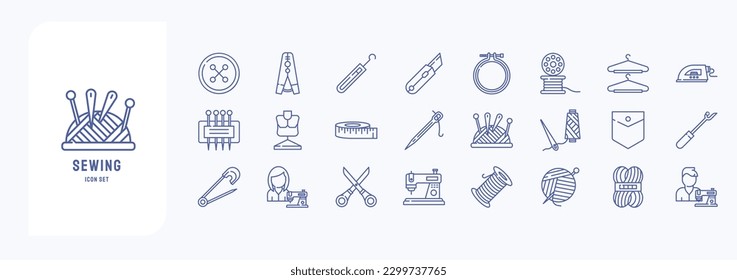 Collection of icons related to Sewing, including icons like Button, Cloths pin, Crochet, Embroidery hoop and more