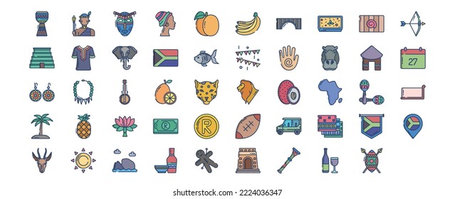 Collection of icons related to South Africa, including icons like African Man, African Woman, Elephant, Hippo and more. vector illustrations, Pixel Perfect set
