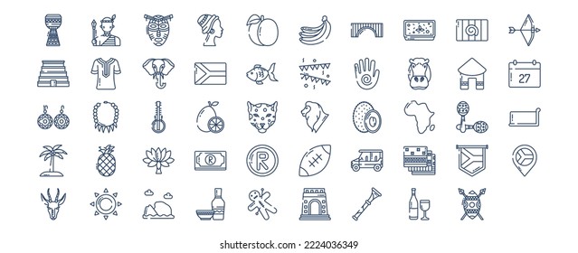 Collection of icons related to South Africa, including icons like African Man, African Woman, Elephant, Hippo and more. vector illustrations, Pixel Perfect set
