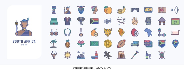 Collection of icons related to South Africa, including icons like African Man, African Woman, Elephant, Hippo and more