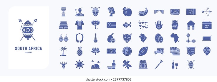 Collection of icons related to South Africa, including icons like African Man, African Woman, Elephant, Hippo and more