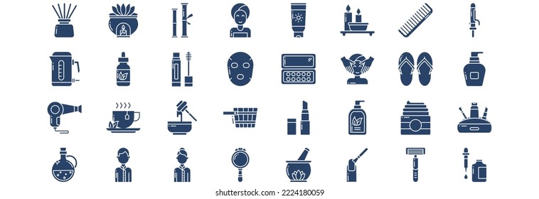 Collection of icons related to Spa and salon, including icons like Aroma, Bamboo, Beauty, Body Lotion and more. vector illustrations, Pixel Perfect set
