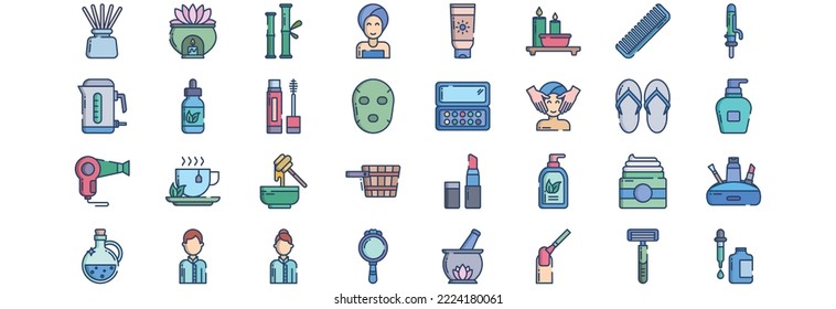 Collection of icons related to Spa and salon, including icons like Aroma, Bamboo, Beauty, Body Lotion and more. vector illustrations, Pixel Perfect set
